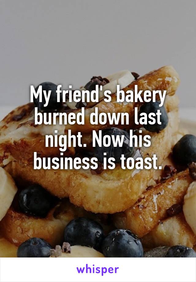 My friend's bakery burned down last night. Now his business is toast.
