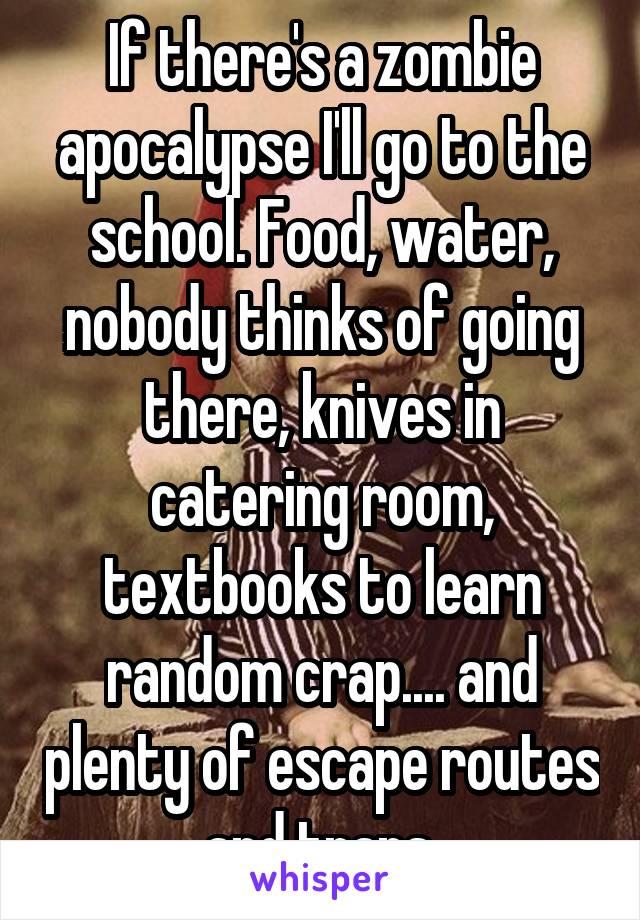 If there's a zombie apocalypse I'll go to the school. Food, water, nobody thinks of going there, knives in catering room, textbooks to learn random crap.... and plenty of escape routes and traps.