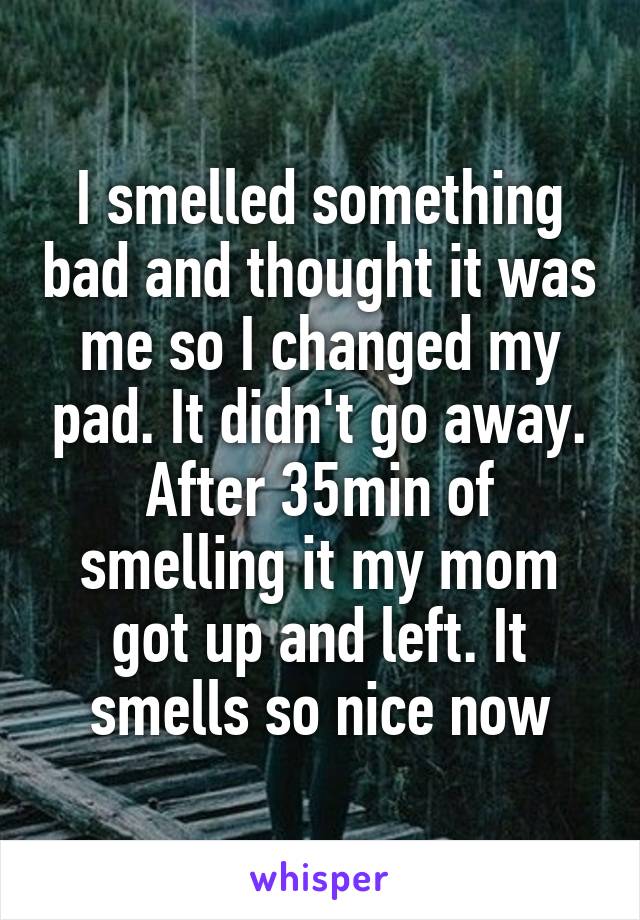 I smelled something bad and thought it was me so I changed my pad. It didn't go away. After 35min of smelling it my mom got up and left. It smells so nice now