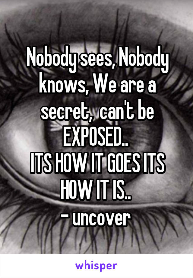 Nobody sees, Nobody knows, We are a secret,  can't be EXPOSED.. 
ITS HOW IT GOES ITS HOW IT IS.. 
- uncover 