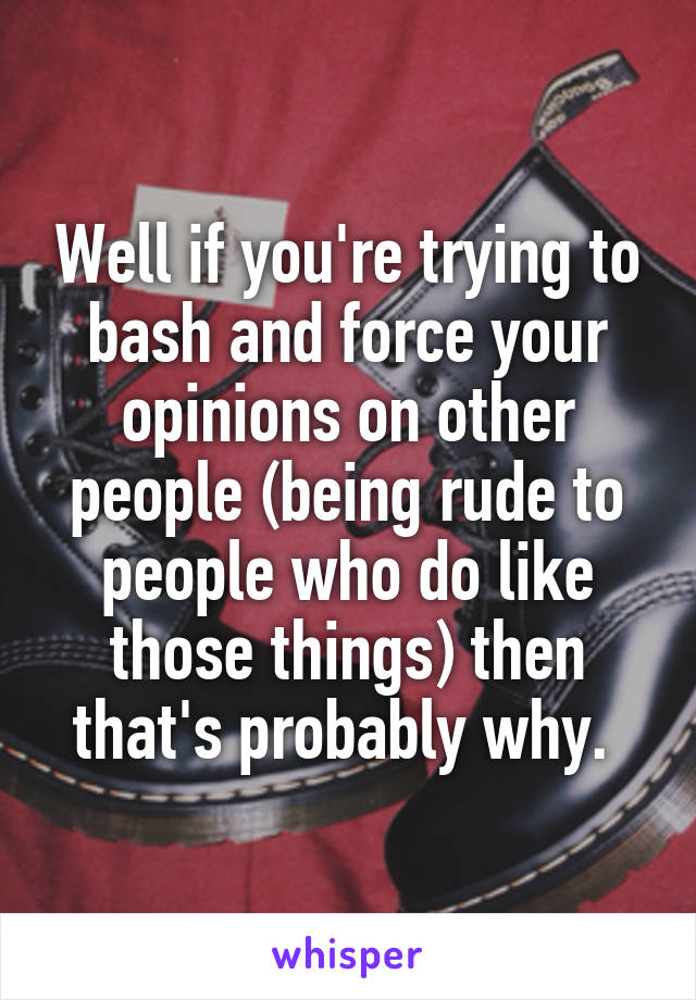 Well if you're trying to bash and force your opinions on other people (being rude to people who do like those things) then that's probably why. 