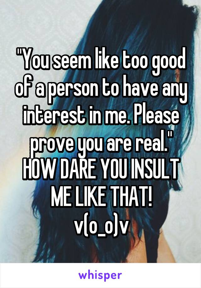 "You seem like too good of a person to have any interest in me. Please prove you are real."
HOW DARE YOU INSULT ME LIKE THAT!
v(o_o)v