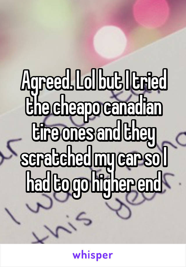 Agreed. Lol but I tried the cheapo canadian tire ones and they scratched my car so I had to go higher end