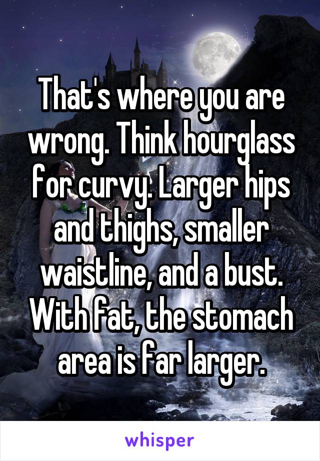 That's where you are wrong. Think hourglass for curvy. Larger hips and thighs, smaller waistline, and a bust. With fat, the stomach area is far larger.