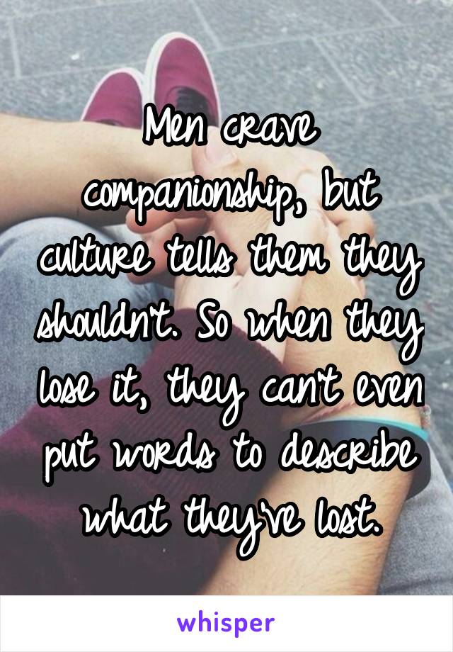 Men crave companionship, but culture tells them they shouldn't. So when they lose it, they can't even put words to describe what they've lost.