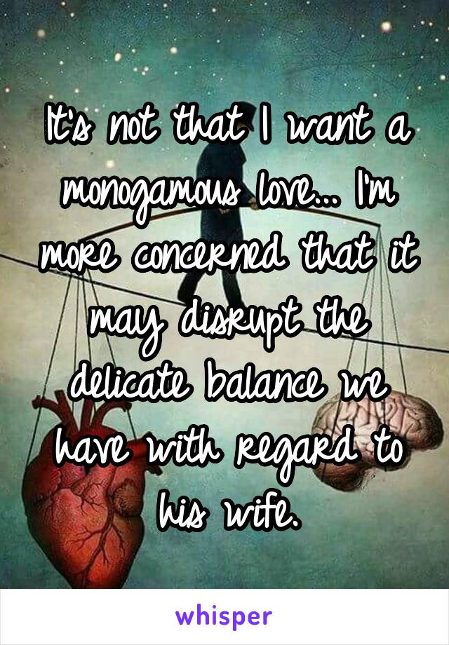 It's not that I want a monogamous love... I'm more concerned that it may disrupt the delicate balance we have with regard to his wife.