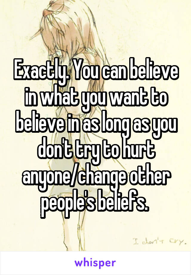 Exactly. You can believe in what you want to believe in as long as you don't try to hurt anyone/change other people's beliefs. 