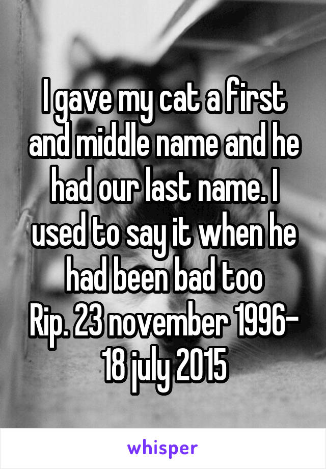 I gave my cat a first and middle name and he had our last name. I used to say it when he had been bad too
Rip. 23 november 1996- 18 july 2015