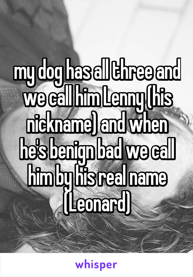 my dog has all three and we call him Lenny (his nickname) and when he's benign bad we call him by his real name (Leonard)