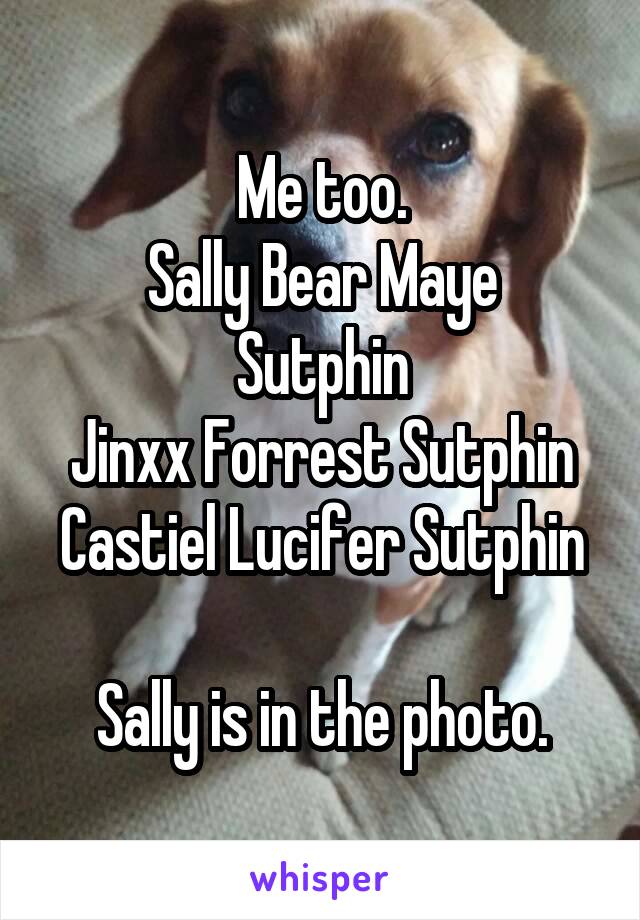 Me too.
Sally Bear Maye Sutphin
Jinxx Forrest Sutphin
Castiel Lucifer Sutphin

Sally is in the photo.