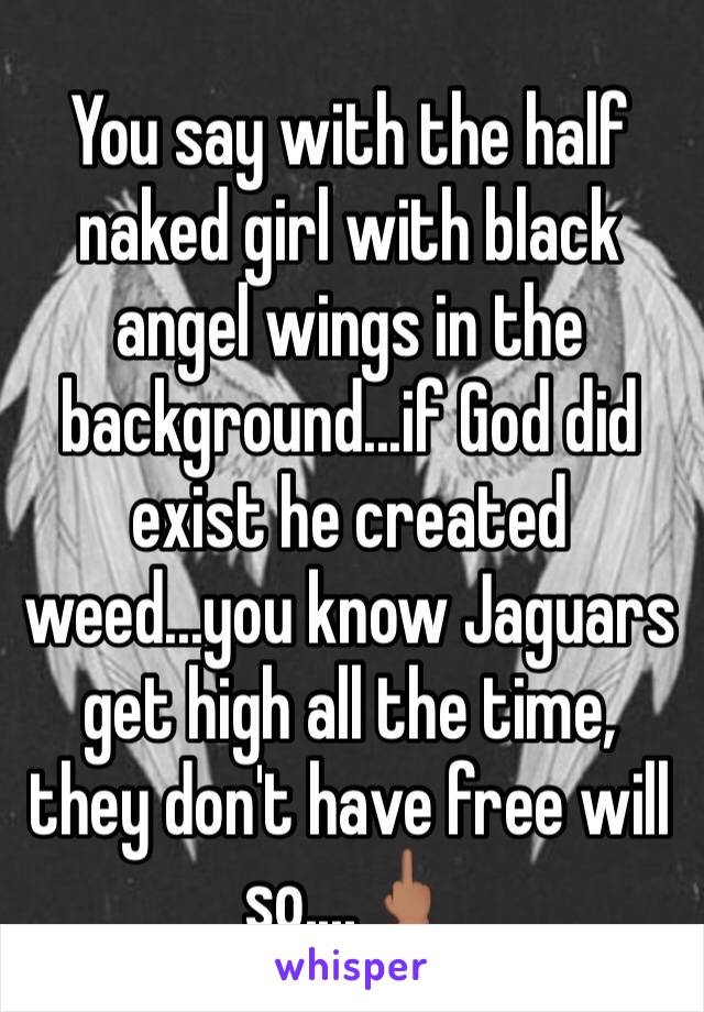 You say with the half naked girl with black angel wings in the background...if God did exist he created weed...you know Jaguars get high all the time, they don't have free will so....🖕🏽  