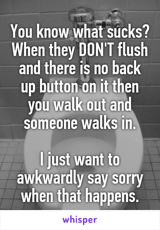 You know what sucks? When they DON'T flush and there is no back up button on it then you walk out and someone walks in.

I just want to awkwardly say sorry when that happens.