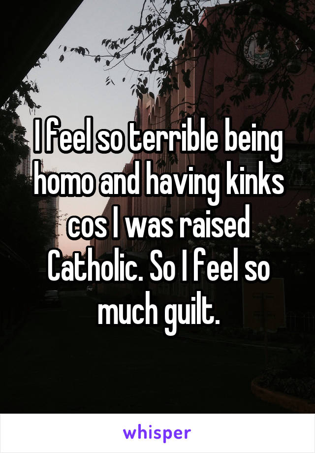 I feel so terrible being homo and having kinks cos I was raised Catholic. So I feel so much guilt.