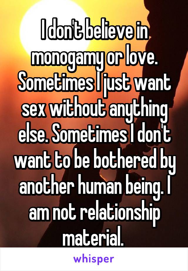 I don't believe in monogamy or love. Sometimes I just want sex without anything else. Sometimes I don't want to be bothered by another human being. I am not relationship material. 