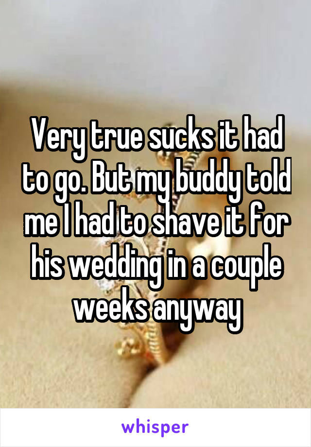 Very true sucks it had to go. But my buddy told me I had to shave it for his wedding in a couple weeks anyway