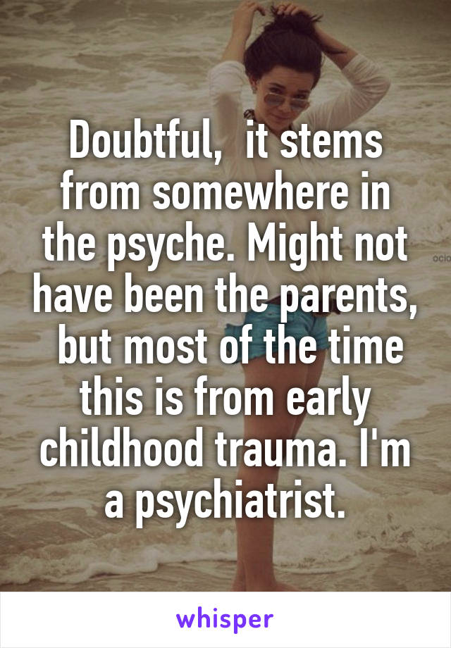 Doubtful,  it stems from somewhere in the psyche. Might not have been the parents,  but most of the time this is from early childhood trauma. I'm a psychiatrist.