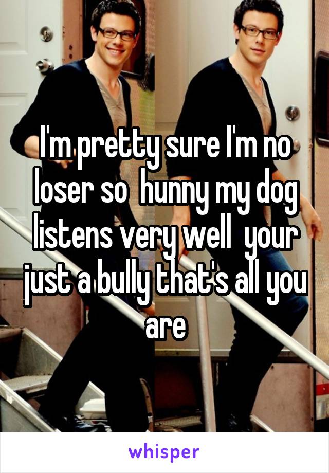 I'm pretty sure I'm no loser so  hunny my dog listens very well  your just a bully that's all you are