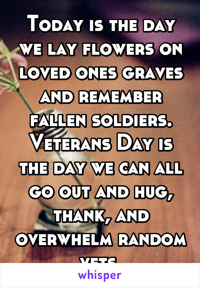Today is the day we lay flowers on loved ones graves and remember fallen soldiers. Veterans Day is the day we can all go out and hug, thank, and overwhelm random vets.