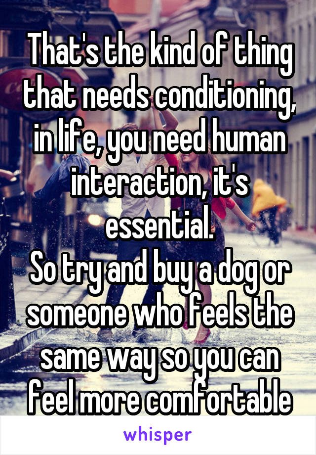 That's the kind of thing that needs conditioning, in life, you need human interaction, it's essential.
So try and buy a dog or someone who feels the same way so you can feel more comfortable