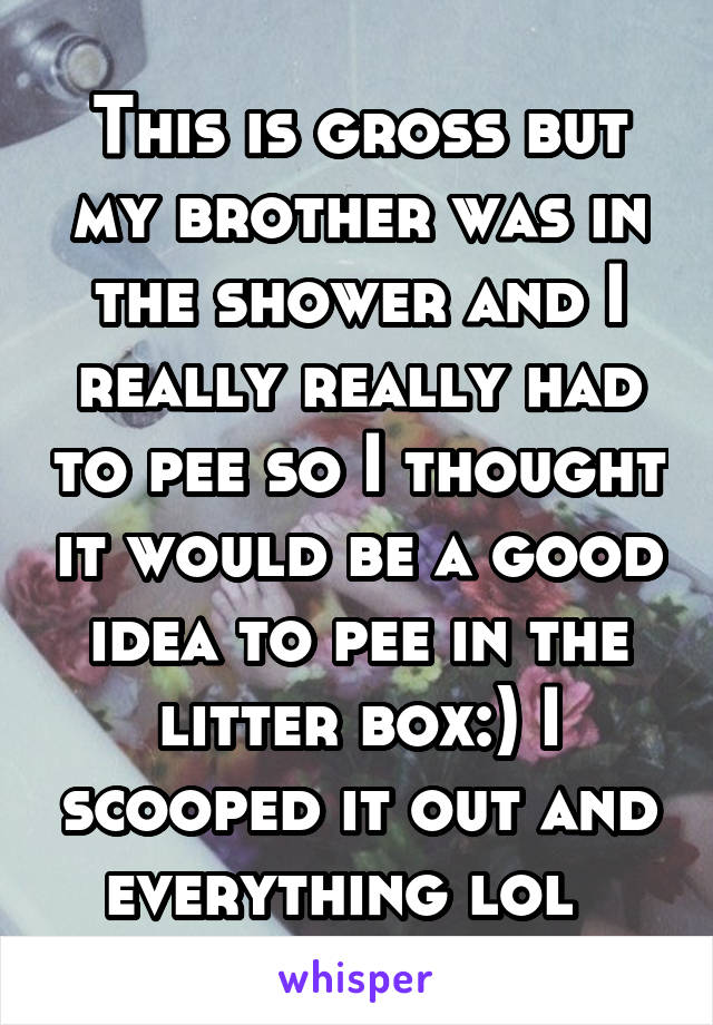 This is gross but my brother was in the shower and I really really had to pee so I thought it would be a good idea to pee in the litter box:) I scooped it out and everything lol  