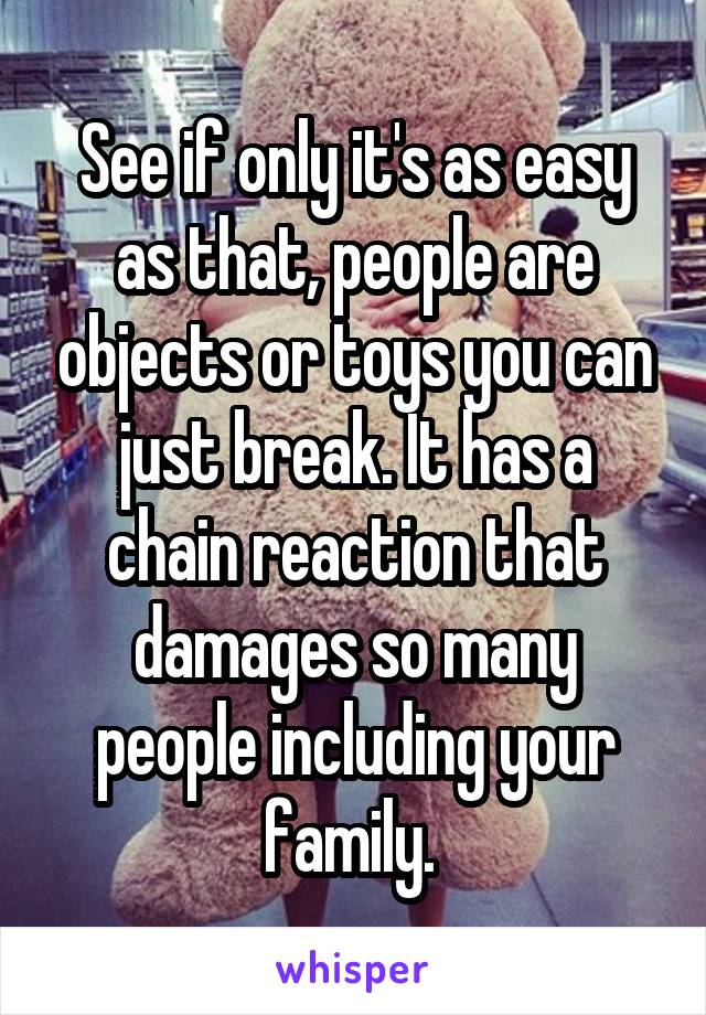 See if only it's as easy as that, people are objects or toys you can just break. It has a chain reaction that damages so many people including your family. 