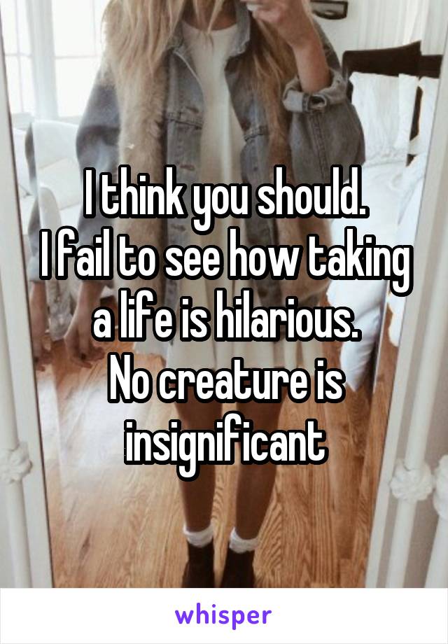 I think you should.
I fail to see how taking a life is hilarious.
No creature is insignificant