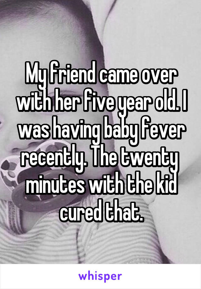 My friend came over with her five year old. I was having baby fever recently. The twenty  minutes with the kid cured that.