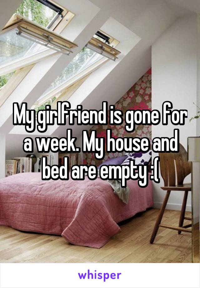 My girlfriend is gone for a week. My house and bed are empty :(