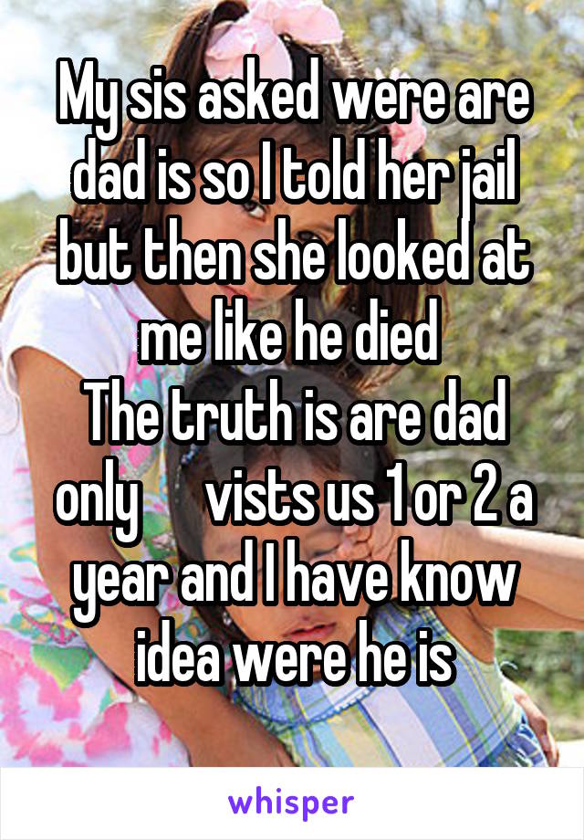 My sis asked were are dad is so I told her jail but then she looked at me like he died 
The truth is are dad only      vists us 1 or 2 a year and I have know idea were he is
