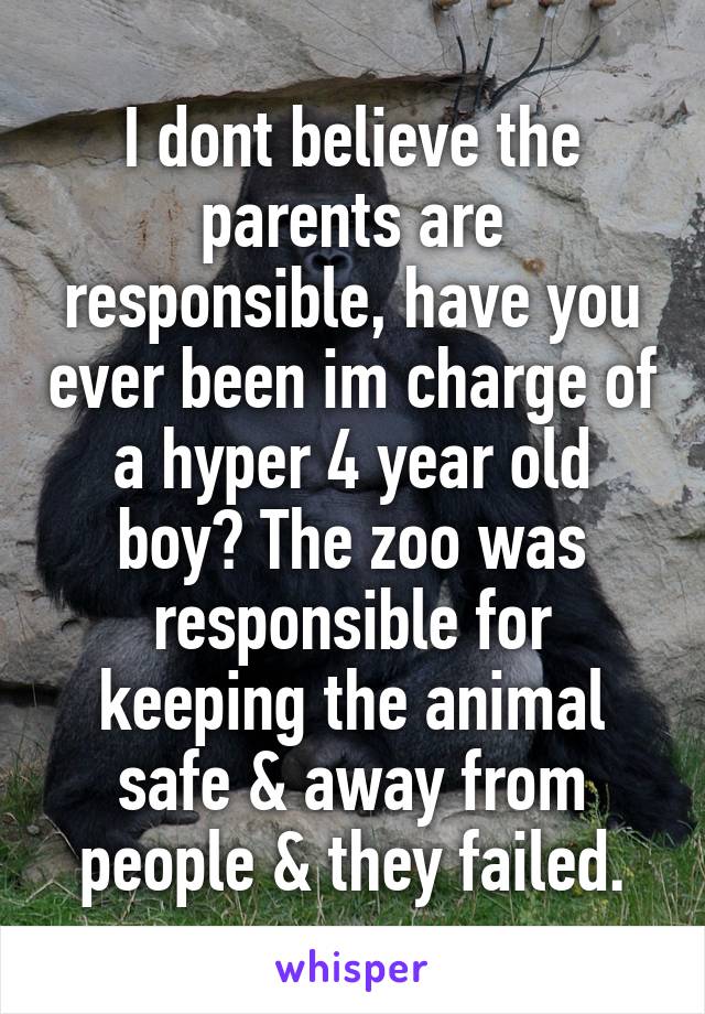 I dont believe the parents are responsible, have you ever been im charge of a hyper 4 year old boy? The zoo was responsible for keeping the animal safe & away from people & they failed.