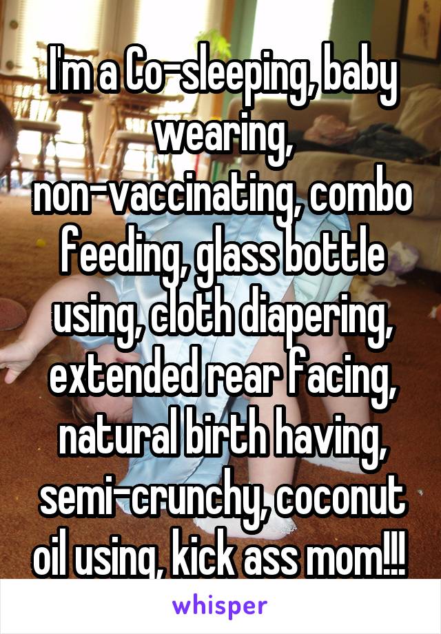 I'm a Co-sleeping, baby wearing, non-vaccinating, combo feeding, glass bottle using, cloth diapering, extended rear facing, natural birth having, semi-crunchy, coconut oil using, kick ass mom!!! 