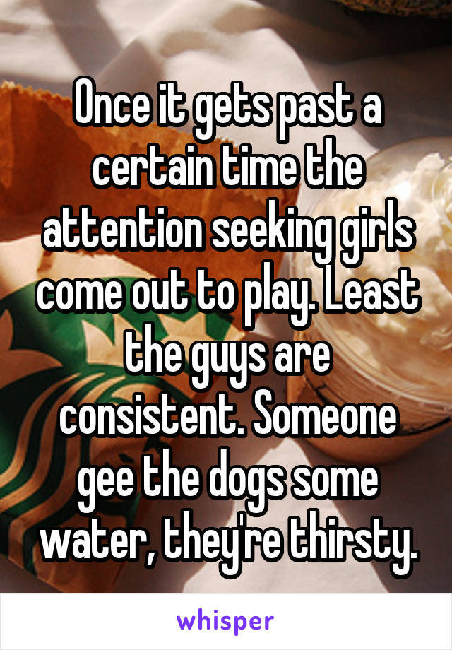 Once it gets past a certain time the attention seeking girls come out to play. Least the guys are consistent. Someone gee the dogs some water, they're thirsty.