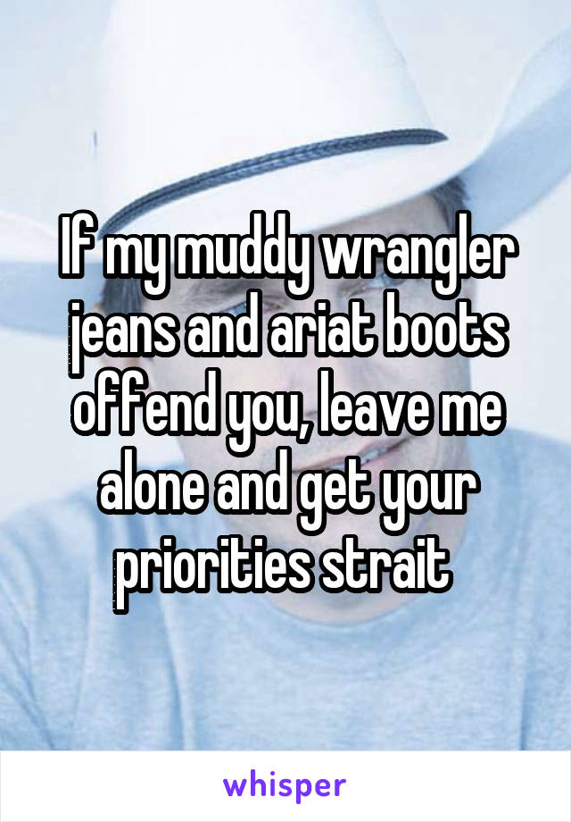 If my muddy wrangler jeans and ariat boots offend you, leave me alone and get your priorities strait 