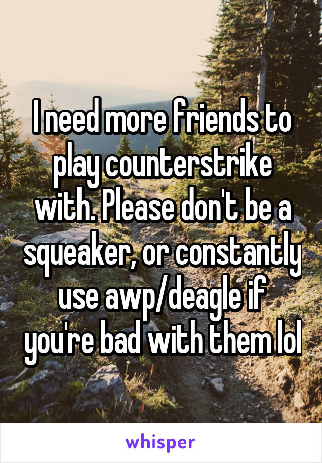 I need more friends to play counterstrike with. Please don't be a squeaker, or constantly use awp/deagle if you're bad with them lol