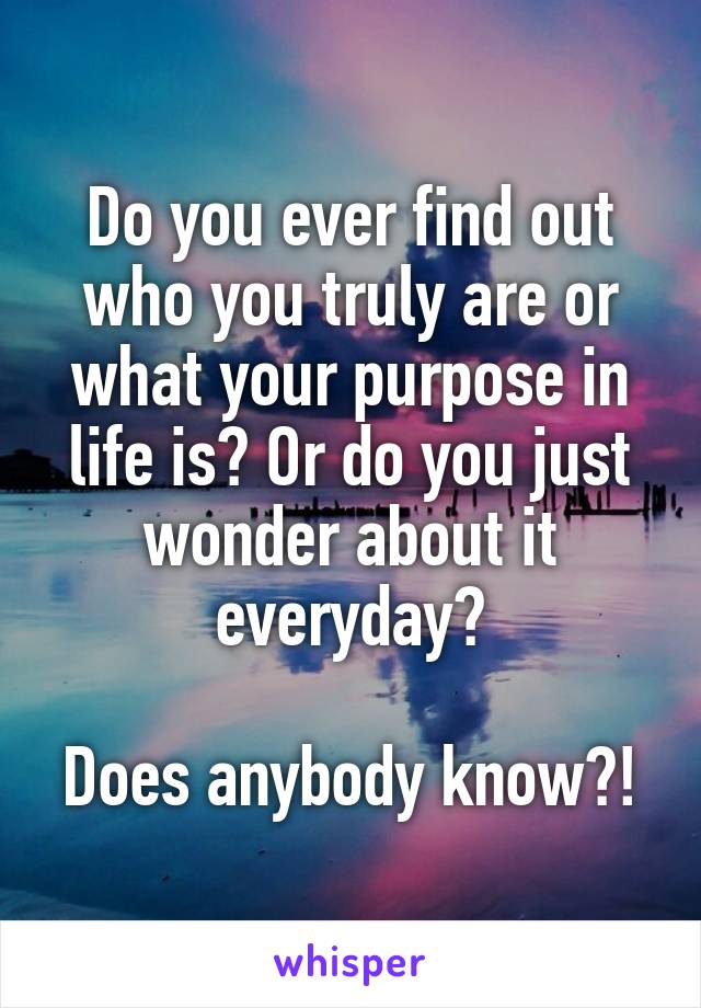 Do you ever find out who you truly are or what your purpose in life is? Or do you just wonder about it everyday?

Does anybody know?!