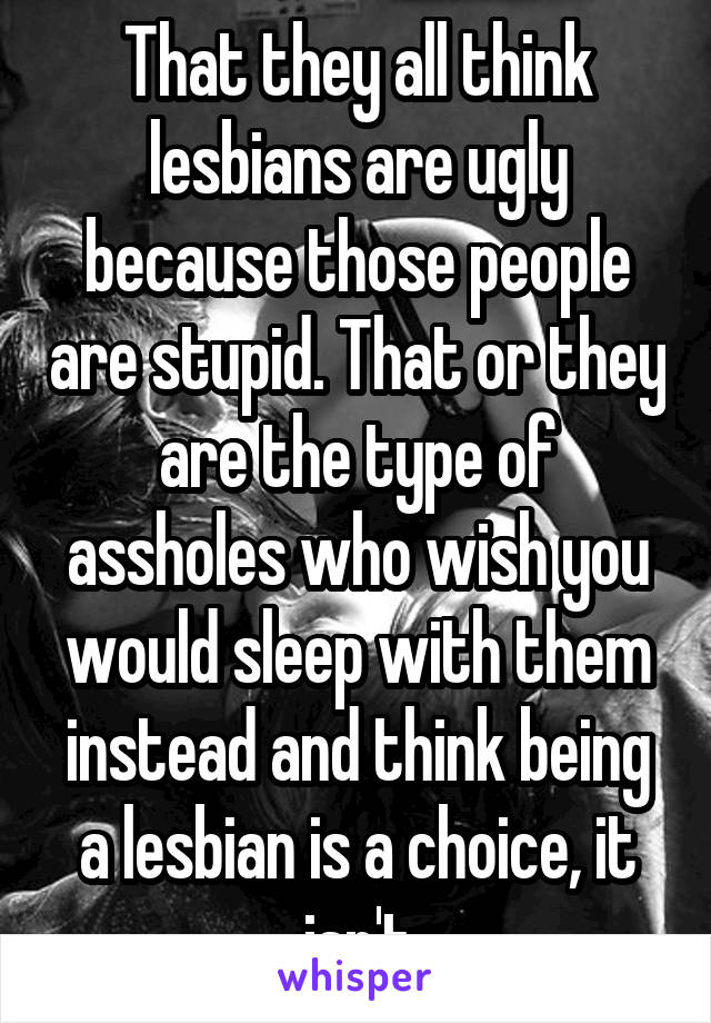 That they all think lesbians are ugly because those people are stupid. That or they are the type of assholes who wish you would sleep with them instead and think being a lesbian is a choice, it isn't