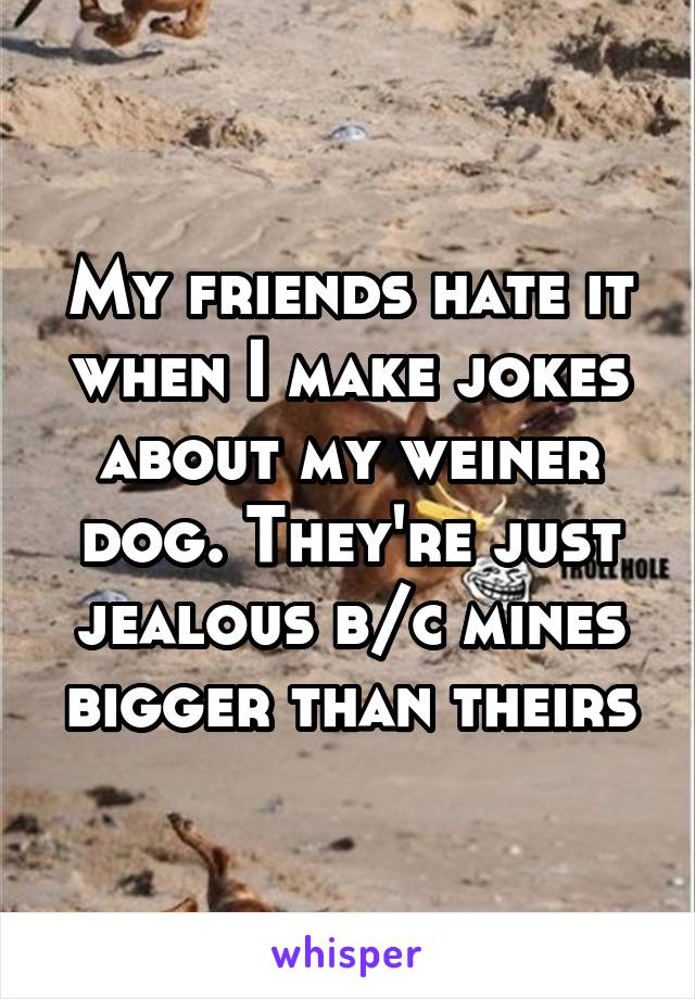 My friends hate it when I make jokes about my weiner dog. They're just jealous b/c mines bigger than theirs