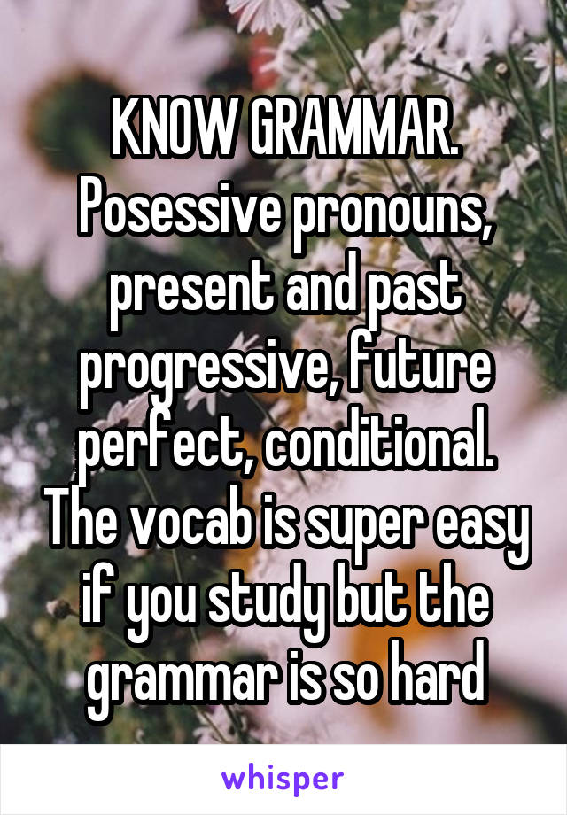 KNOW GRAMMAR. Posessive pronouns, present and past progressive, future perfect, conditional. The vocab is super easy if you study but the grammar is so hard