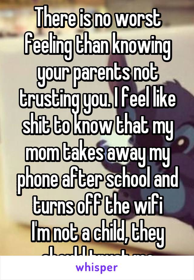 There is no worst feeling than knowing your parents not trusting you. I feel like shit to know that my mom takes away my phone after school and turns off the wifi
I'm not a child, they should trust me