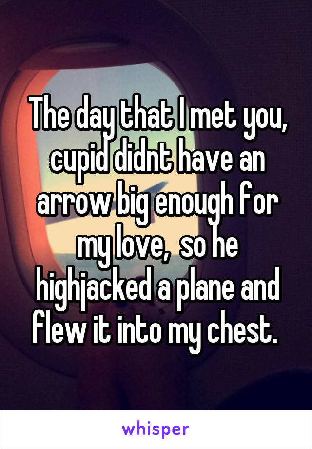 The day that I met you, cupid didnt have an arrow big enough for my love,  so he highjacked a plane and flew it into my chest. 