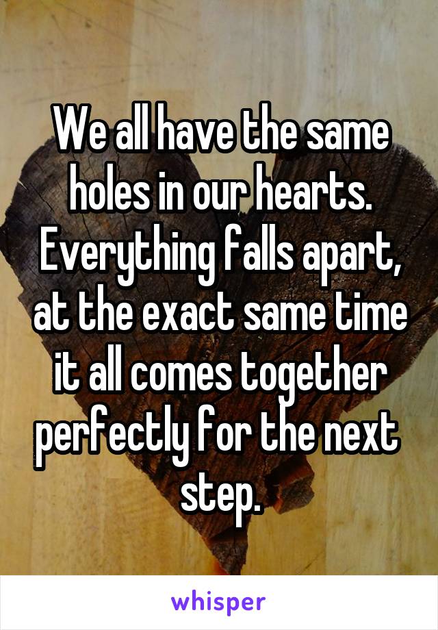 We all have the same holes in our hearts. Everything falls apart, at the exact same time it all comes together perfectly for the next 
step.