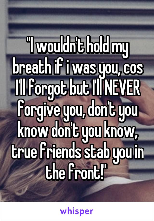 "I wouldn't hold my breath if i was you, cos I'll forgot but I'll NEVER forgive you, don't you know don't you know, true friends stab you in the front!" 