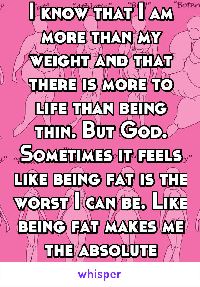 I know that I am more than my weight and that there is more to life than being thin. But God. Sometimes it feels like being fat is the worst I can be. Like being fat makes me the absolute worst. 