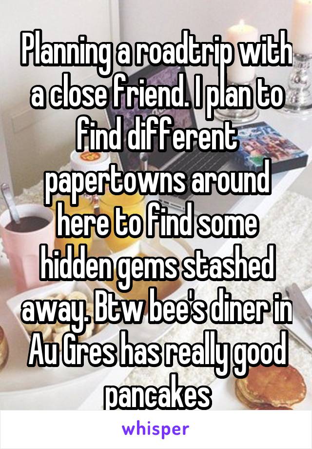 Planning a roadtrip with a close friend. I plan to find different papertowns around here to find some hidden gems stashed away. Btw bee's diner in Au Gres has really good pancakes