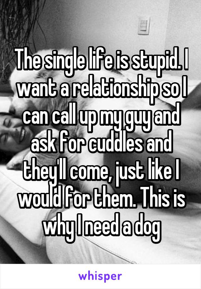 The single life is stupid. I want a relationship so I can call up my guy and ask for cuddles and they'll come, just like I would for them. This is why I need a dog