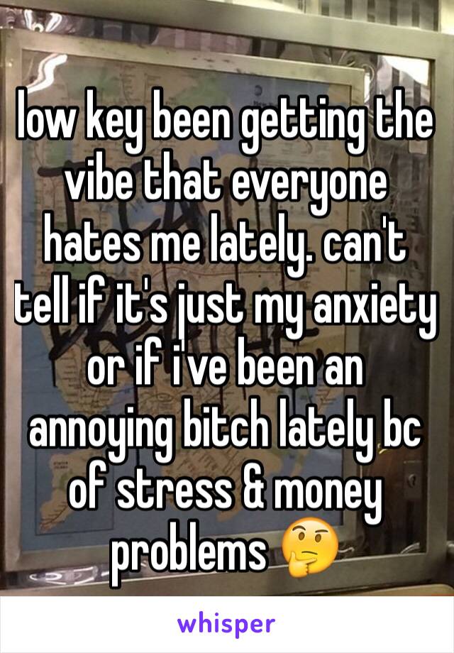 low key been getting the vibe that everyone hates me lately. can't tell if it's just my anxiety or if i've been an annoying bitch lately bc of stress & money problems 🤔