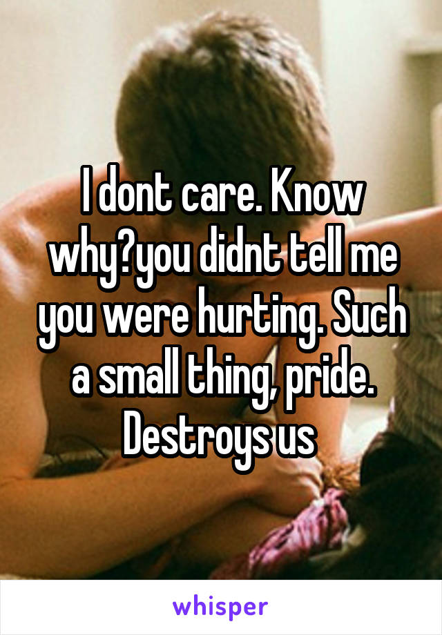 I dont care. Know why?you didnt tell me you were hurting. Such a small thing, pride. Destroys us 