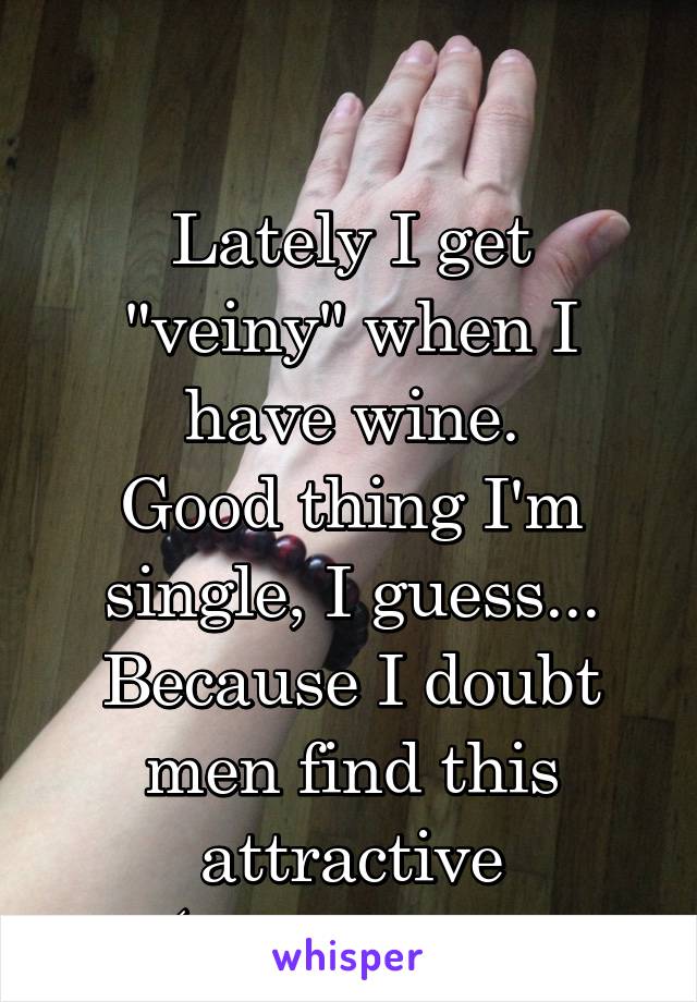 


Lately I get "veiny" when I have wine.
Good thing I'm single, I guess...
Because I doubt men find this attractive
(my hand in photo)