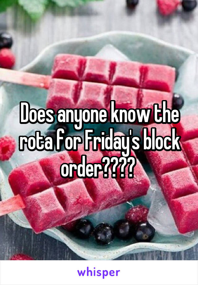 Does anyone know the rota for Friday's block order???? 