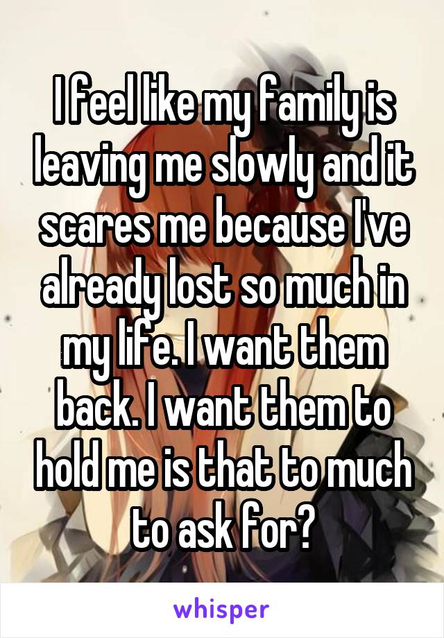 I feel like my family is leaving me slowly and it scares me because I've already lost so much in my life. I want them back. I want them to hold me is that to much to ask for?